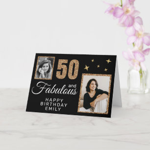 50 and Fabulous Gold Glitter 2 Photo 50th Birthday Card