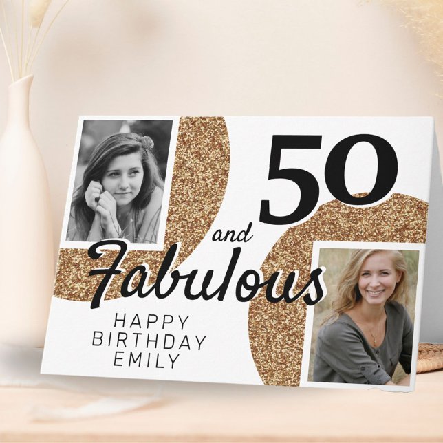 50 and Fabulous Gold Glitter 2 Photo 50th Birthday Card (Creator Uploaded)