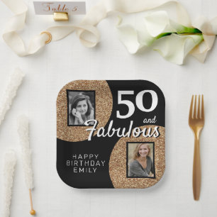 50 and Fabulous Gold Glitter 2 Photo 50th Birthday Paper Plate
