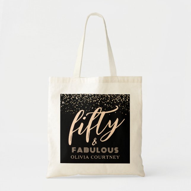 50 and Fabulous Gold Glitter Black Birthday Tote Bag (Front)