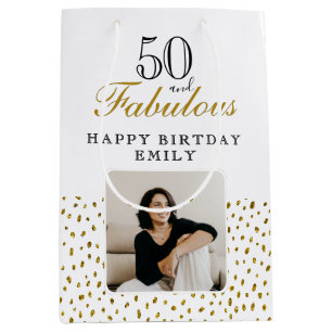 50 and Fabulous Gold Glitter Photo 50th Birthday Medium Gift Bag