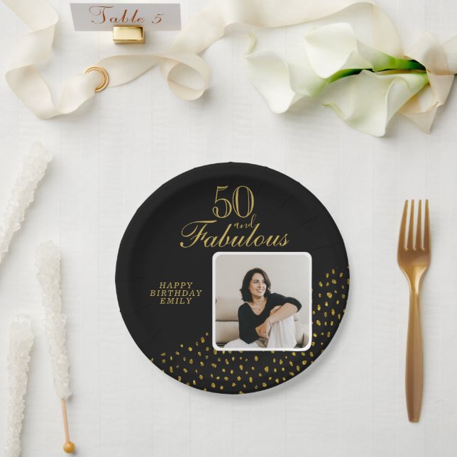 50 and Fabulous Gold Glitter Photo 50th Birthday Paper Plate (Wedding)