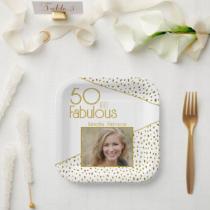 50 and Fabulous Gold Glitter Photo 50th Birthday Paper Plate
