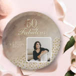 50 and Fabulous Gold Glitter Photo 50th Birthday Paper Plate<br><div class="desc">Rustic 50 and Fabulous Gold Glitter Photo 50th Birthday Paper Plates. The design has faux gold glitter dots and the saying 50 and fabulous is in modern script. Make your own 50th birthday party paper plates for her. Customize with the name,  age and insert your photo into the template.</div>