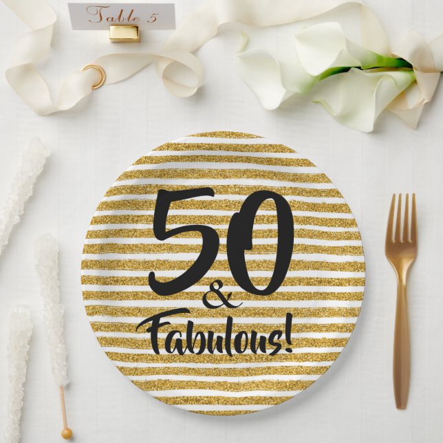 50 and Fabulous Gold Glitter Stripe Paper Plate (Wedding)