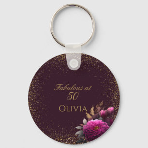50 and Fabulous Gold Magenta Glitter Birthday Keychain