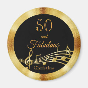 50 and fabulous gold music notes on elegant black magnet