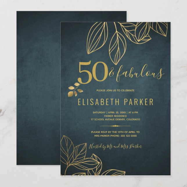 50 and fabulous gold navy 50th birthday party invitation (Front/Back)