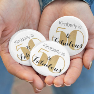 50 and Fabulous Gold Personalized Birthday Party 2 Inch Round Button