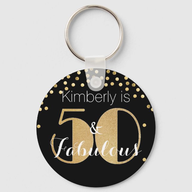 50 and Fabulous Gold Personalized Birthday Party Keychain (Front)