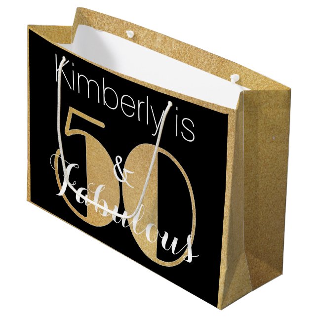 50 and Fabulous Gold Personalized Birthday Party Large Gift Bag (Front Angled)