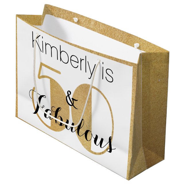 50 and Fabulous Gold Personalized Birthday Party Large Gift Bag (Front Angled)