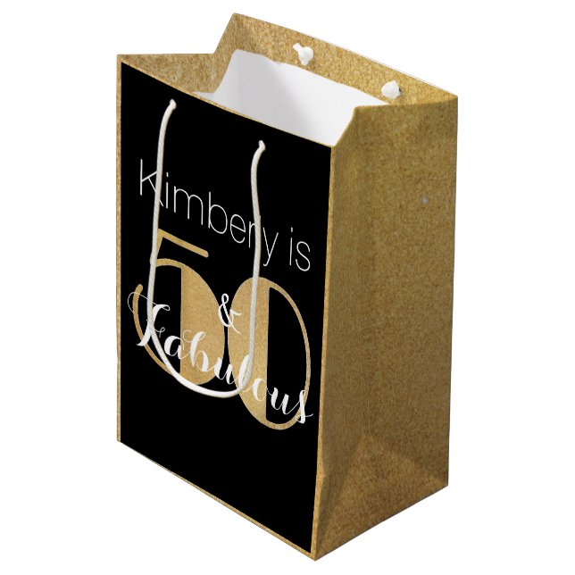 50 and Fabulous Gold Personalized Birthday Party Medium Gift Bag (Front Angled)