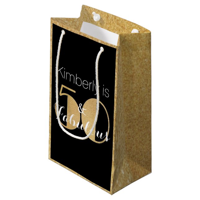 50 and Fabulous Gold Personalized Birthday Party Small Gift Bag (Front Angled)