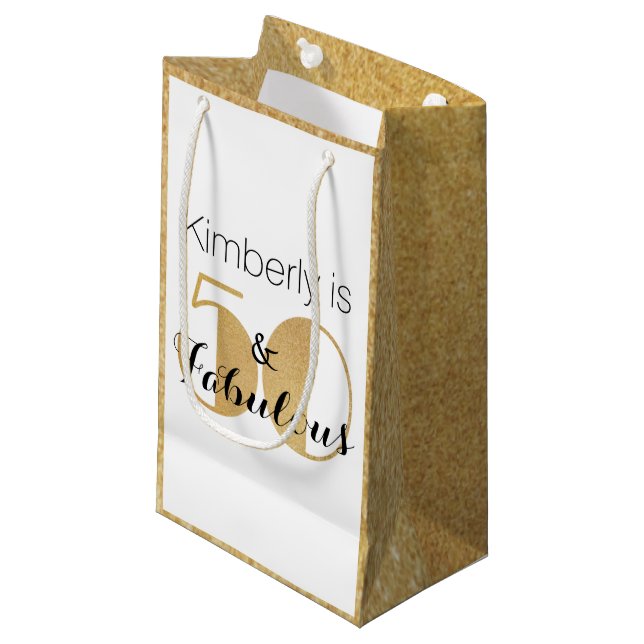 50 and Fabulous Gold Personalized Birthday Party Small Gift Bag (Front Angled)