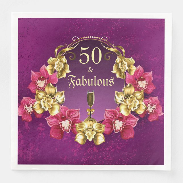 50 And Fabulous Gold Pink Orchids and Champagne Napkin (Front)