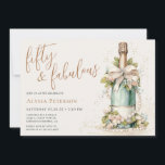 50 And Fabulous Gold Script 50th Birthday Party Invitation<br><div class="desc">This modern and elegant 50 and Fabulous Gold Script 50th Birthday Party Invitation is perfect for your loved one who's turning fifty! It features a watercolor champagne bottle decorated with pearls, delicate cream flowers that's tied with a soft teal blue bow. It's fonts are trendy yet classic, feminine and flowy...</div>