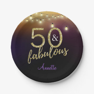 50 and Fabulous Gold Stars Purple Birthday Party Paper Plate