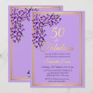 50 and Fabulous Gold Violet 50th Birthday   Invitation
