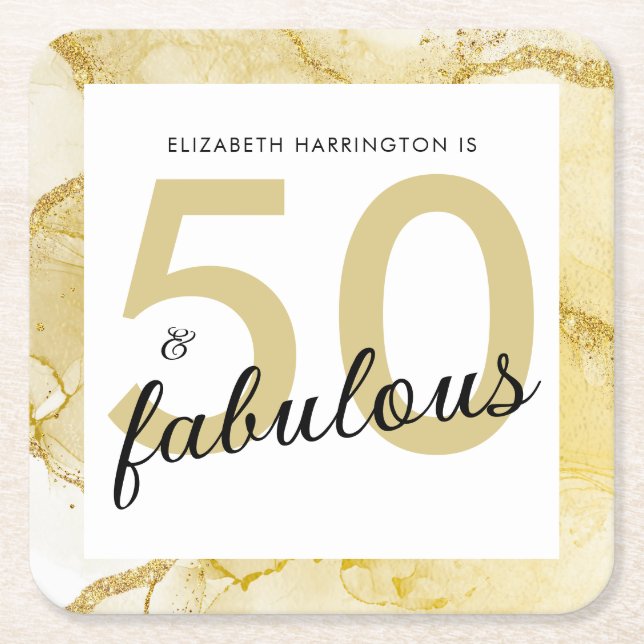 50 And Fabulous Gold White Birthday Square Paper Coaster (Front)