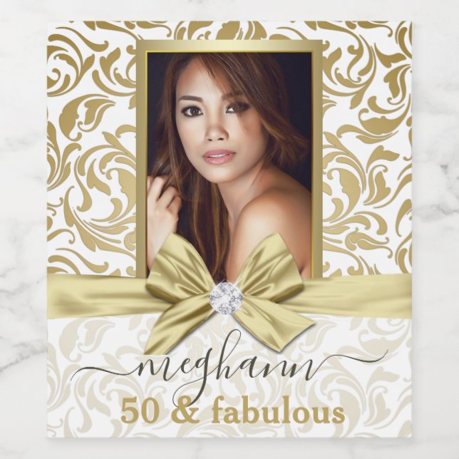 50 and Fabulous Gold White Name Birthday Party Wine Label (Single Label)