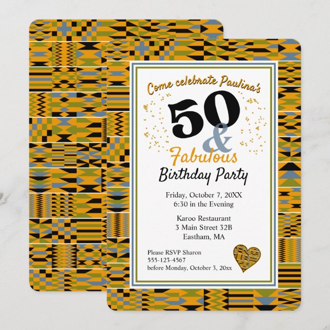 50 and Fabulous Golden Kente Birthday Party Invitation (Front/Back)