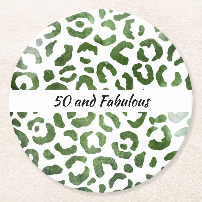 50 and Fabulous Green Cheetah Print Abstract Round Paper Coaster (Front)