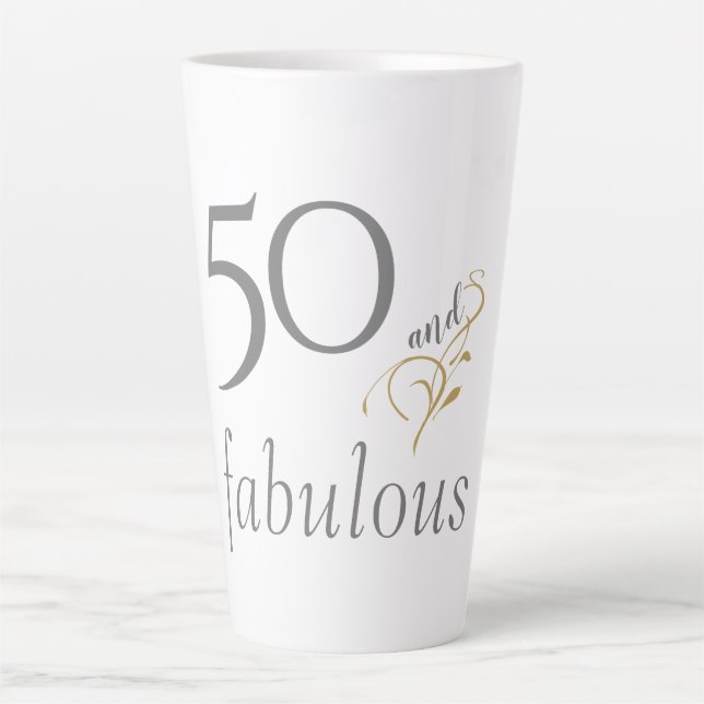 50 and fabulous Grey & Gold Script 50th Birthday Latte Mug (Front)