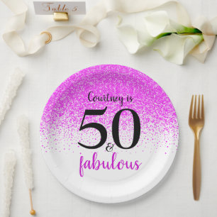 50 and Fabulous Hot Pink Confetti Custom Script Paper Plate