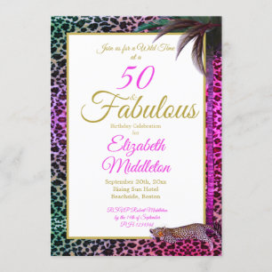 50 and Fabulous Leopard Purple Palm Wild Birthday Invitation
