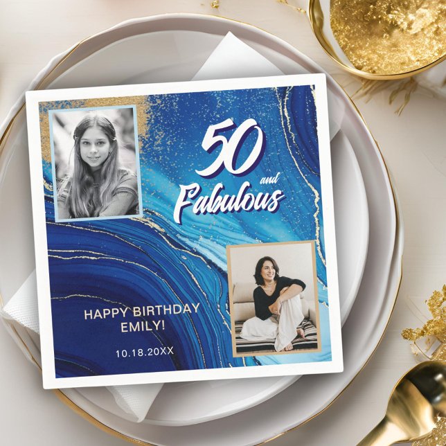 50 and Fabulous Marble Glitter 2 Photo Birthday Napkin (Creator Uploaded)