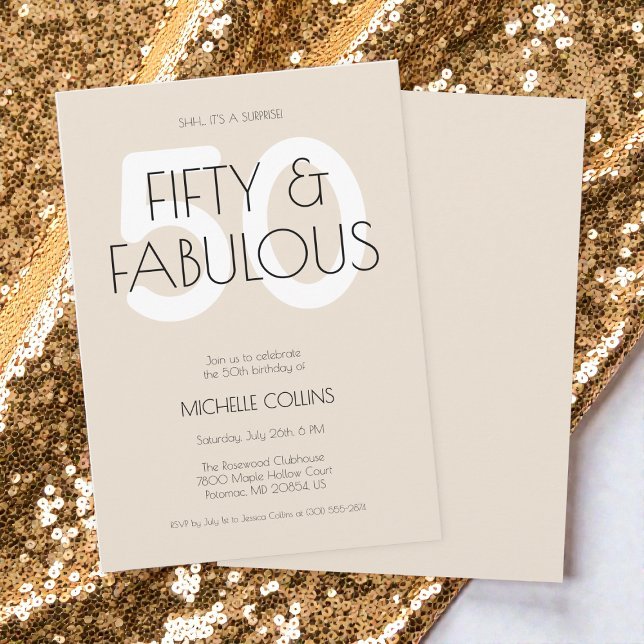 50 and fabulous Modern Beige Fifty Birthday Party Invitation (50 and fabulous Modern Beige Fifty Birthday Party Invitation)