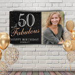 50 and Fabulous Modern Black 50th Birthday Photo Banner<br><div class="desc">50 and Fabulous Modern Black 50th Birthday Photo Banner. Great sign for the 50th birthday party with a custom photo, inspirational and funny quote 50 and fabulous and text in trendy script with a name. The background is black and the text is in white and golden colours. Personalize the sign...</div>