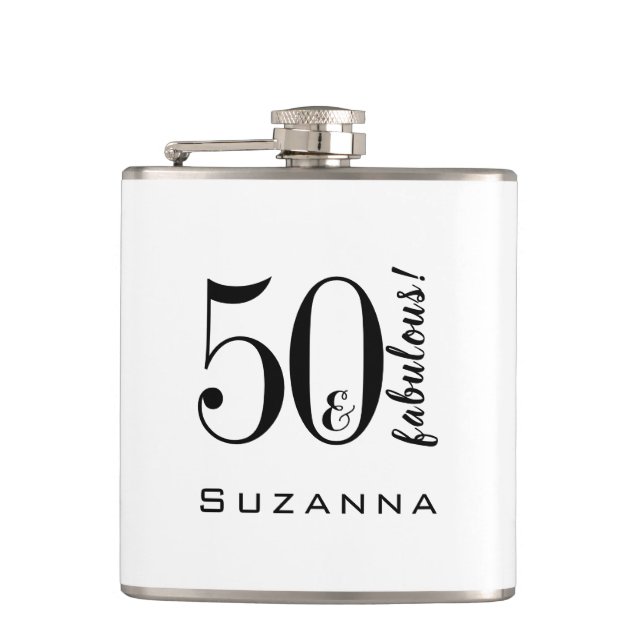 50 and Fabulous  Modern Black Typography Hip Flask (Front)