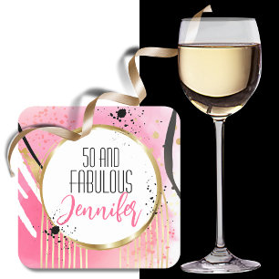 50 and Fabulous Modern Bold Hot Pink Black Gold  Square Paper Coaster