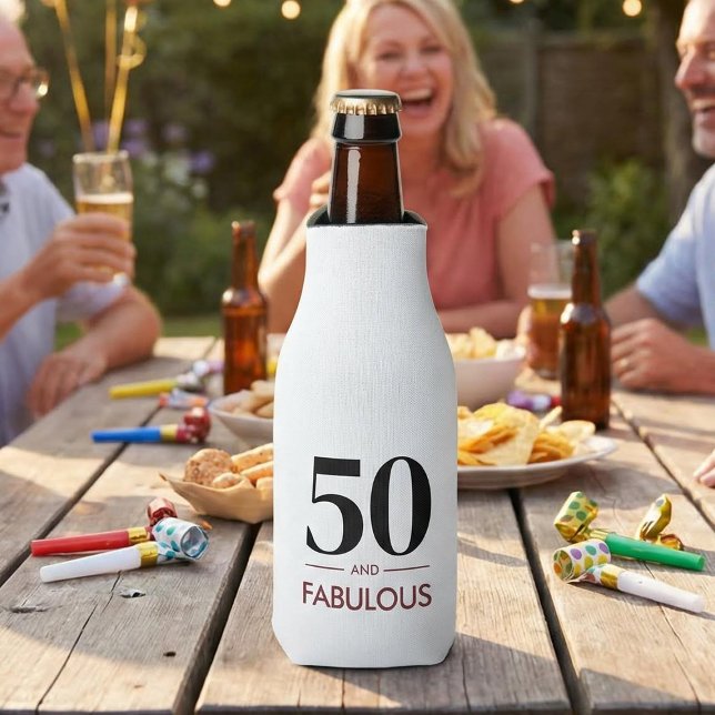 50 And Fabulous Modern Cherry Wine Birthday Saying Bottle Cooler (Creator Uploaded)