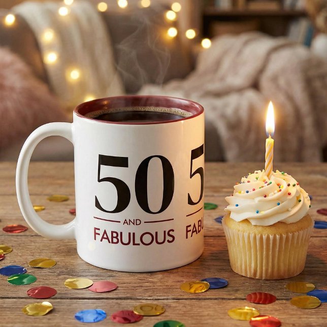 50 And Fabulous Modern Cherry Wine Birthday Saying Two-Tone Coffee Mug (Creator Uploaded)