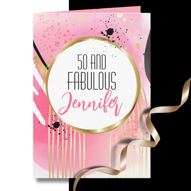 50 and Fabulous Modern Pink Gold Black Birthday Card (Creator Uploaded)