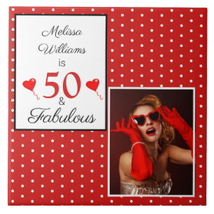 50 and Fabulous Name Photo 50th Birthday WH Red Tile