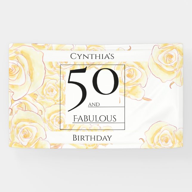 50 and Fabulous Name Yellow Rose Floral Black Banner (Horizontal)