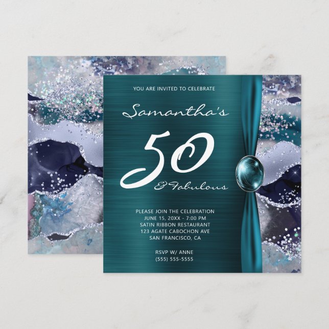 50 and Fabulous Ocean Blue Teal Agate Birthday Invitation (Front/Back)