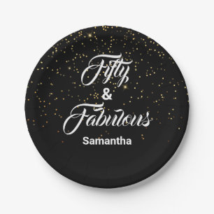 50 and Fabulous Personalized Gold Glitter Black Paper Plate