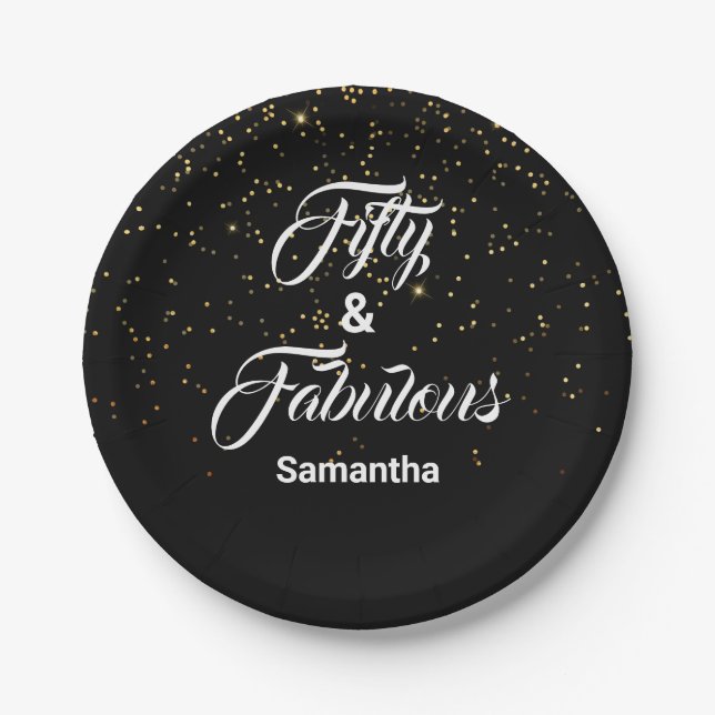 50 and Fabulous Personalized Gold Glitter Black Paper Plate (Front)
