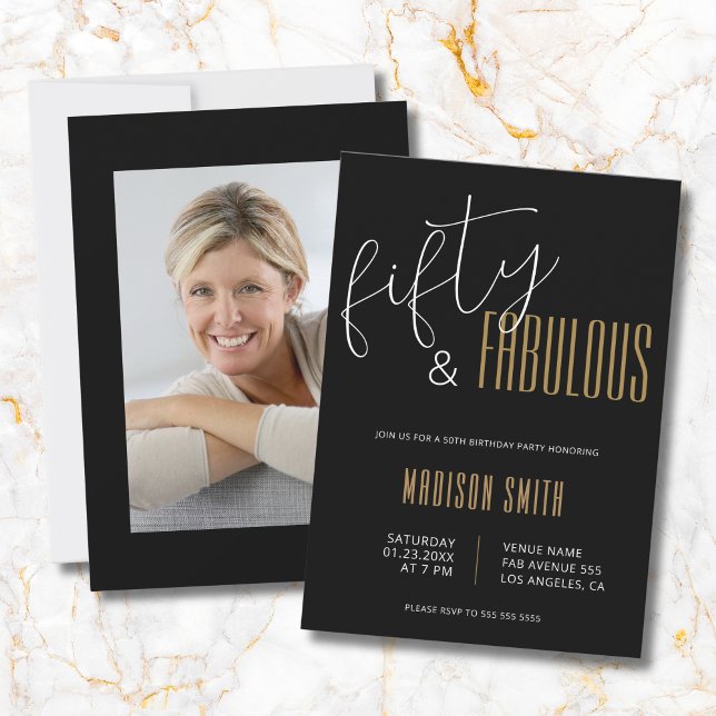 50 and Fabulous Photo 50th Birthday Black Gold Invitation (50 and Fabulous Photo 50th Birthday Black Gold Invitation)