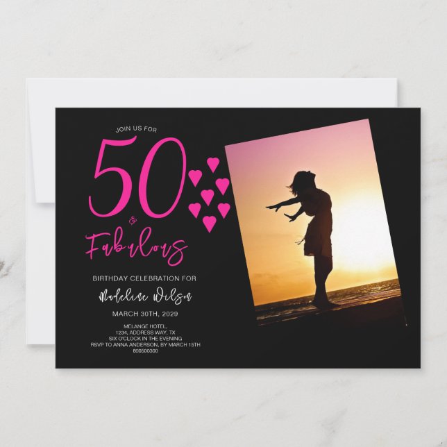 50 and Fabulous Photo Pink Black Hearts 50th Invitation (Front)