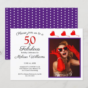 50 and Fabulous Photo Red 50th Birthday Purple WH Invitation