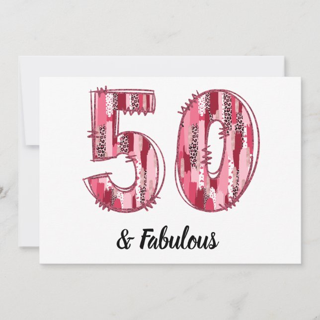50 and Fabulous Pink and Leopard Brush Strokes Invitation (Front)