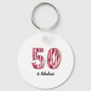 50 and Fabulous Pink and Leopard Brush Strokes Keychain