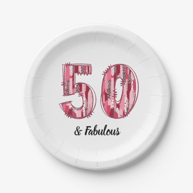 50 and Fabulous Pink and Leopard Brush Strokes Paper Plate (Front)