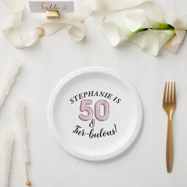 50 And Fabulous | Pink Black Fur-bulous Paper Plate (Wedding)